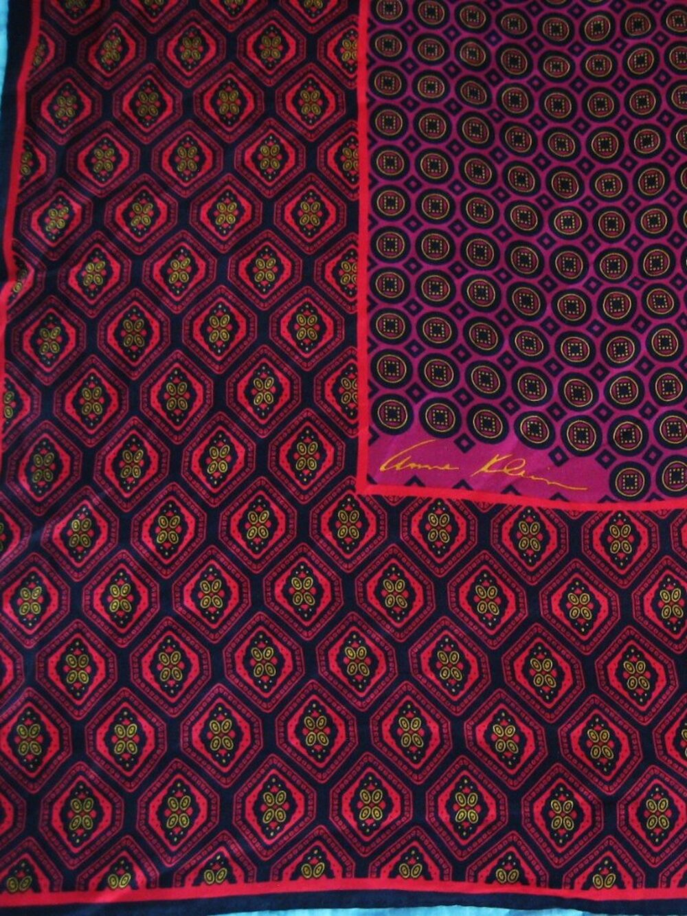 32" SQUARE ANNE KLEIN SILK SCARF RED, BLACK, FUSHIA PAISLEY DESIGN
